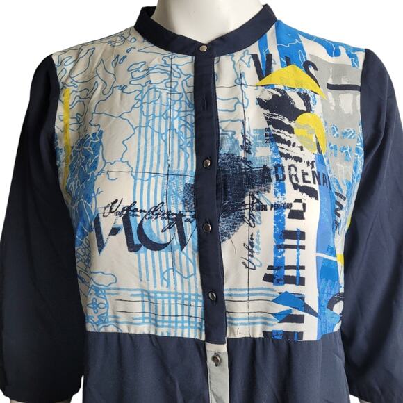 W India Abstract Graphic Maxi Tunic Dress Sz 14 Blue Yellow Inspirational Words - Picture 3 of 10